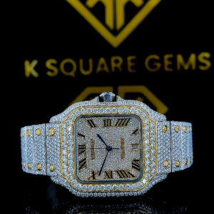 Cartier Roman Numerals Dial Two Tone Iced Out Moissanite Diamond Watch Front Close View