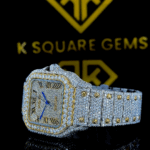 Cartier Roman Numerals Dial Two Tone Iced Out Moissanite Diamond Watch Left Side View