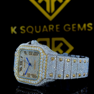 Cartier Roman Numerals Dial Two Tone Iced Out Moissanite Diamond Watch Left Side View