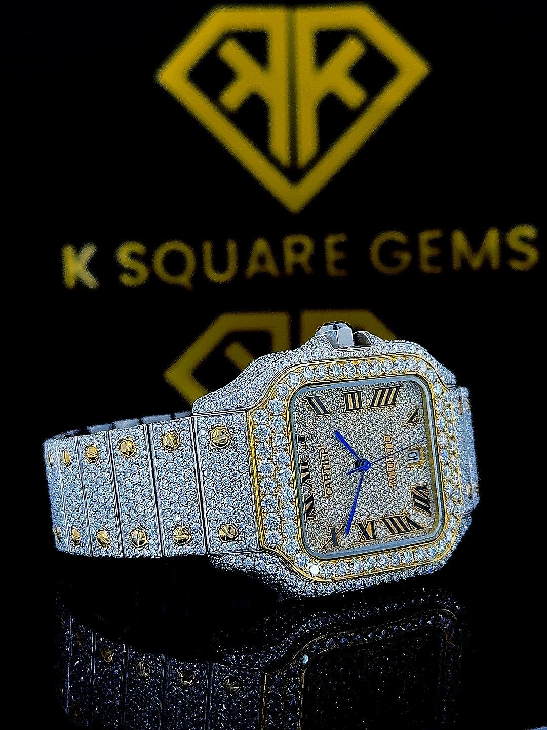 Cartier Roman Numerals Dial Two Tone Iced Out Moissanite Diamond Watch Right Side View