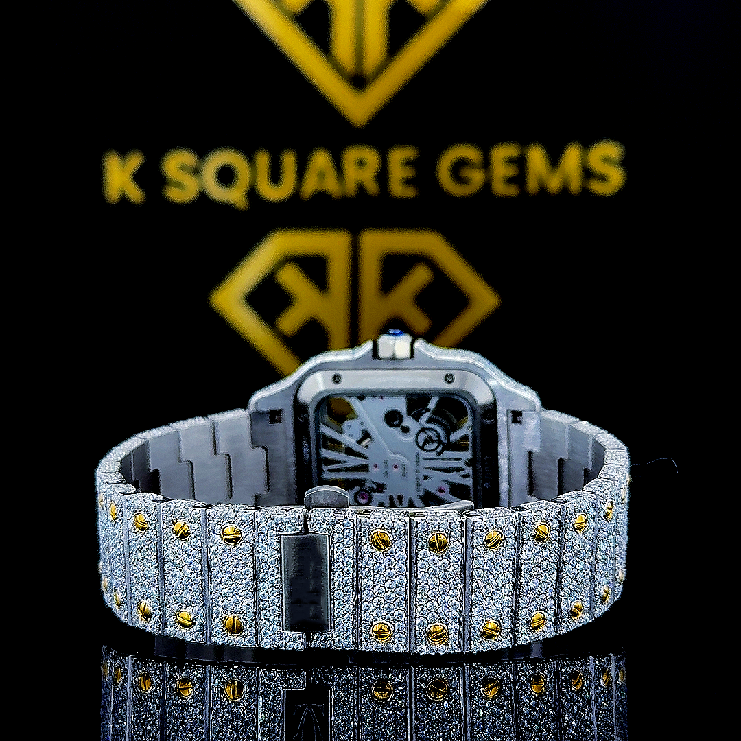Cartier Skeleton Santos Yellow Gold Moissanite Diamond Watch Back View