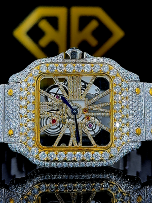 Cartier Santos Skeleton Diamond Pave Dial Yellow Gold Two Tone Moissanite Watch