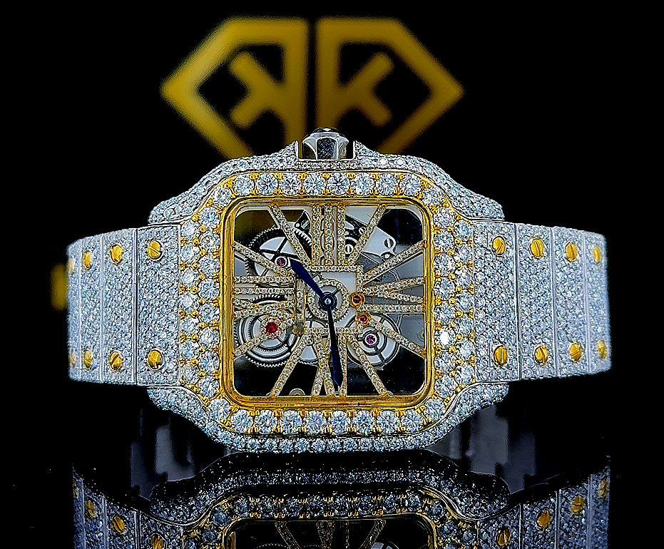 Cartier Skeleton Santos Yellow Gold Moissanite Diamond Watch Front View