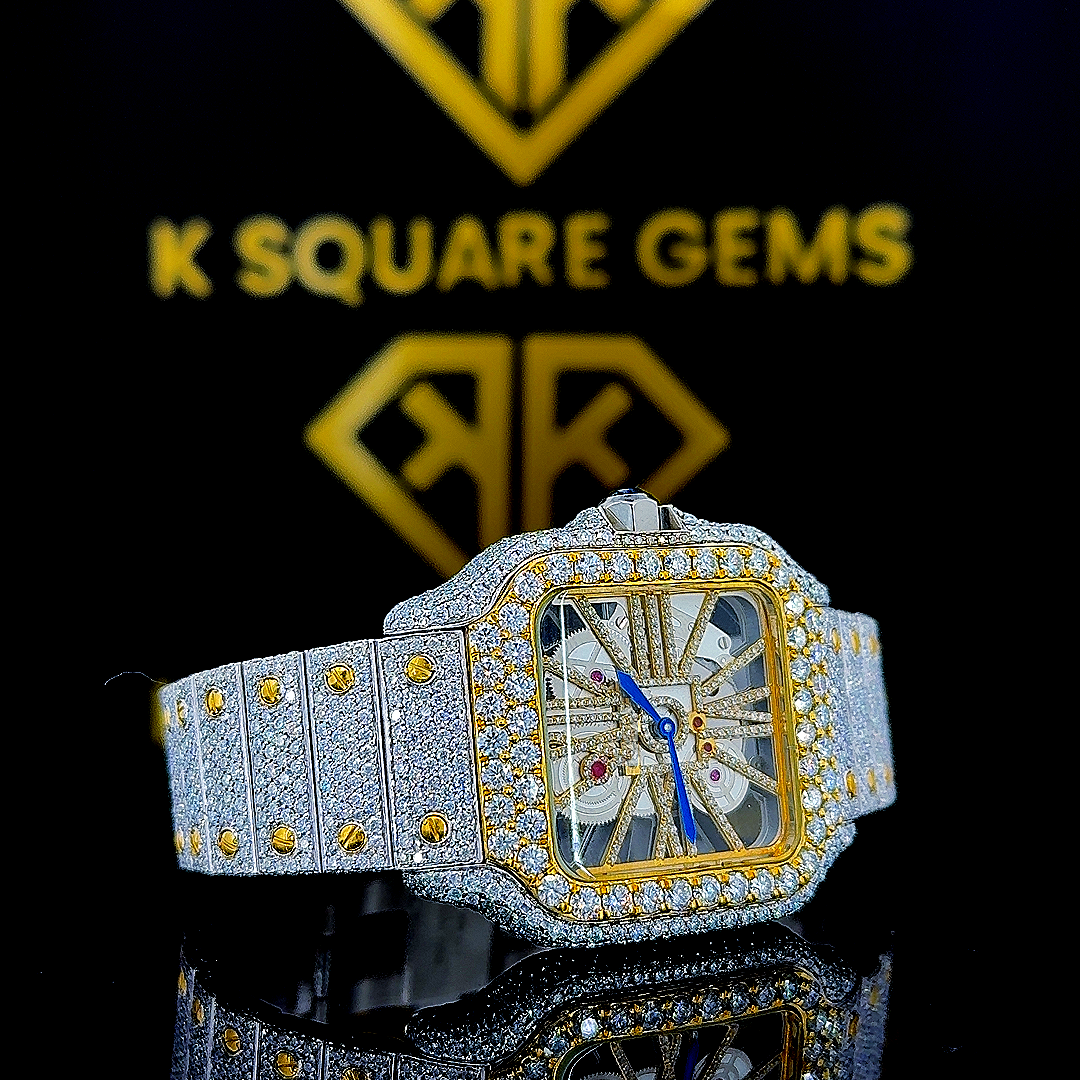 Cartier Skeleton Santos Yellow Gold Moissanite Diamond Watch Right Profile View