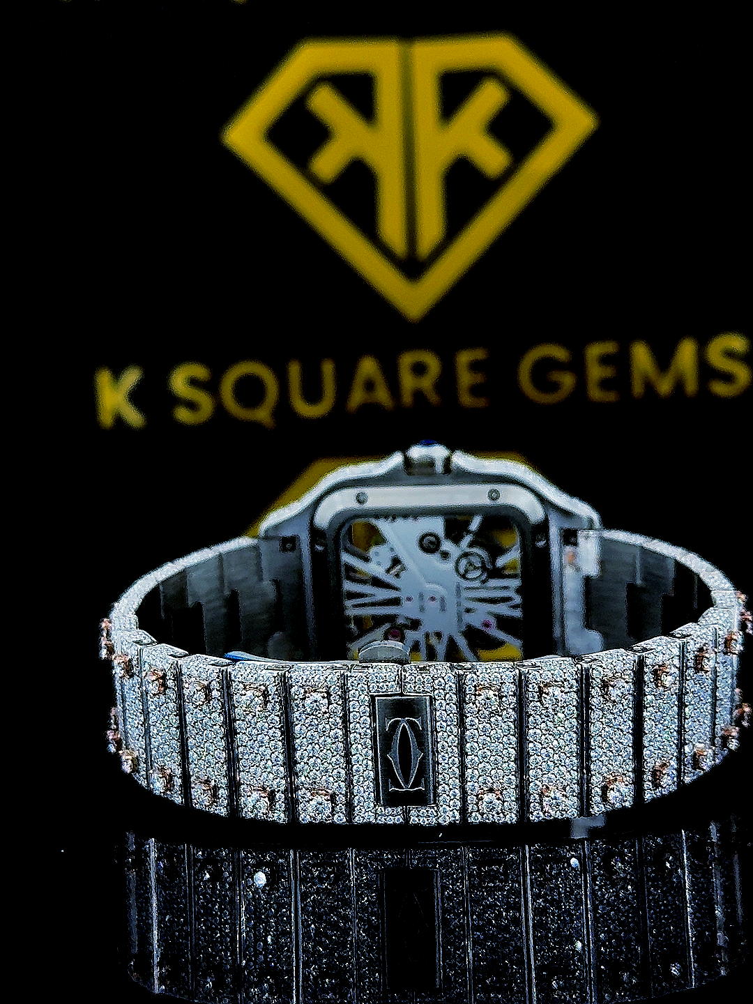 Cartier Two Tone Rose Gold Skeleton Dial Moissanite Diamond Watch Back View