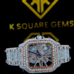 Cartier Santos Skeleton Dial Diamond Bezel Two Tone Rose Gold Fully Iced Moissanite Watch