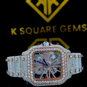 Cartier Two Tone Rose Gold Skeleton Dial Moissanite Diamond Watch Front View