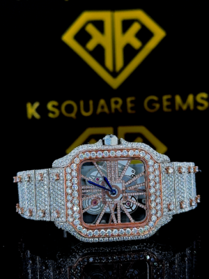 Cartier Santos Skeleton Dial Diamond Bezel Two Tone Rose Gold Fully Iced Moissanite Watch