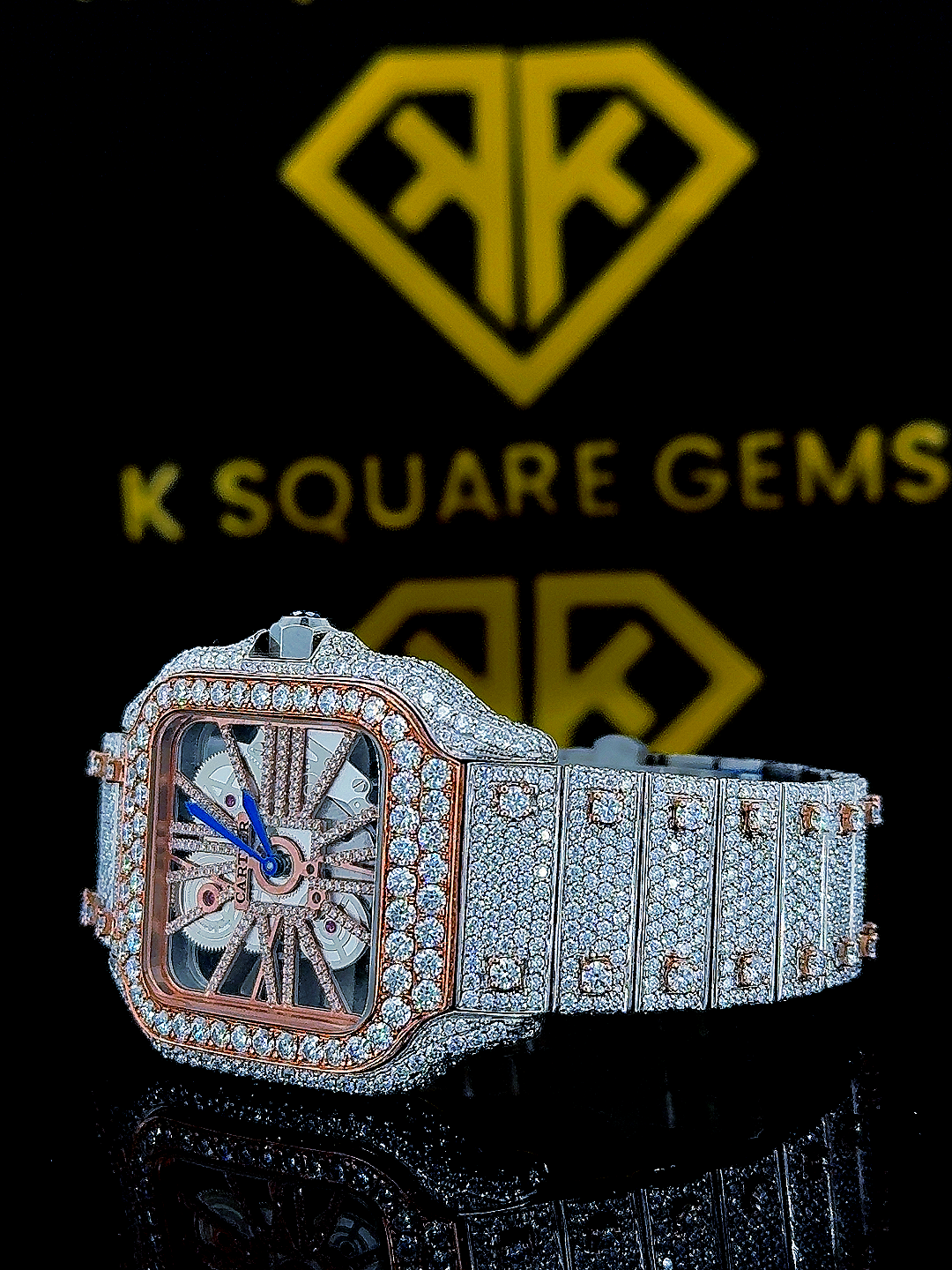 Cartier Two Tone Rose Gold Skeleton Dial Moissanite Diamond Watch Left Side View