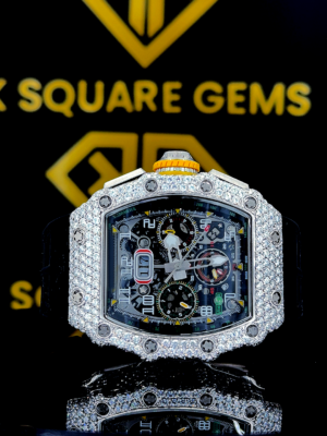 RM 011 Racing Chronograph Skeleton Dial Black Strap Moissanite Watch