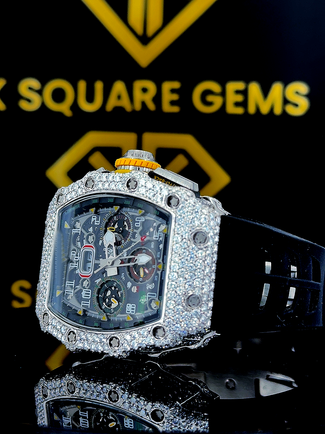 Chronograph RM Rubber Strap Moissanite Diamond Watch Left Profile View