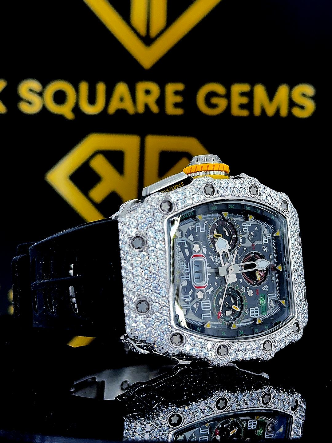 Chronograph RM Rubber Strap Moissanite Diamond Watch Right Profile View