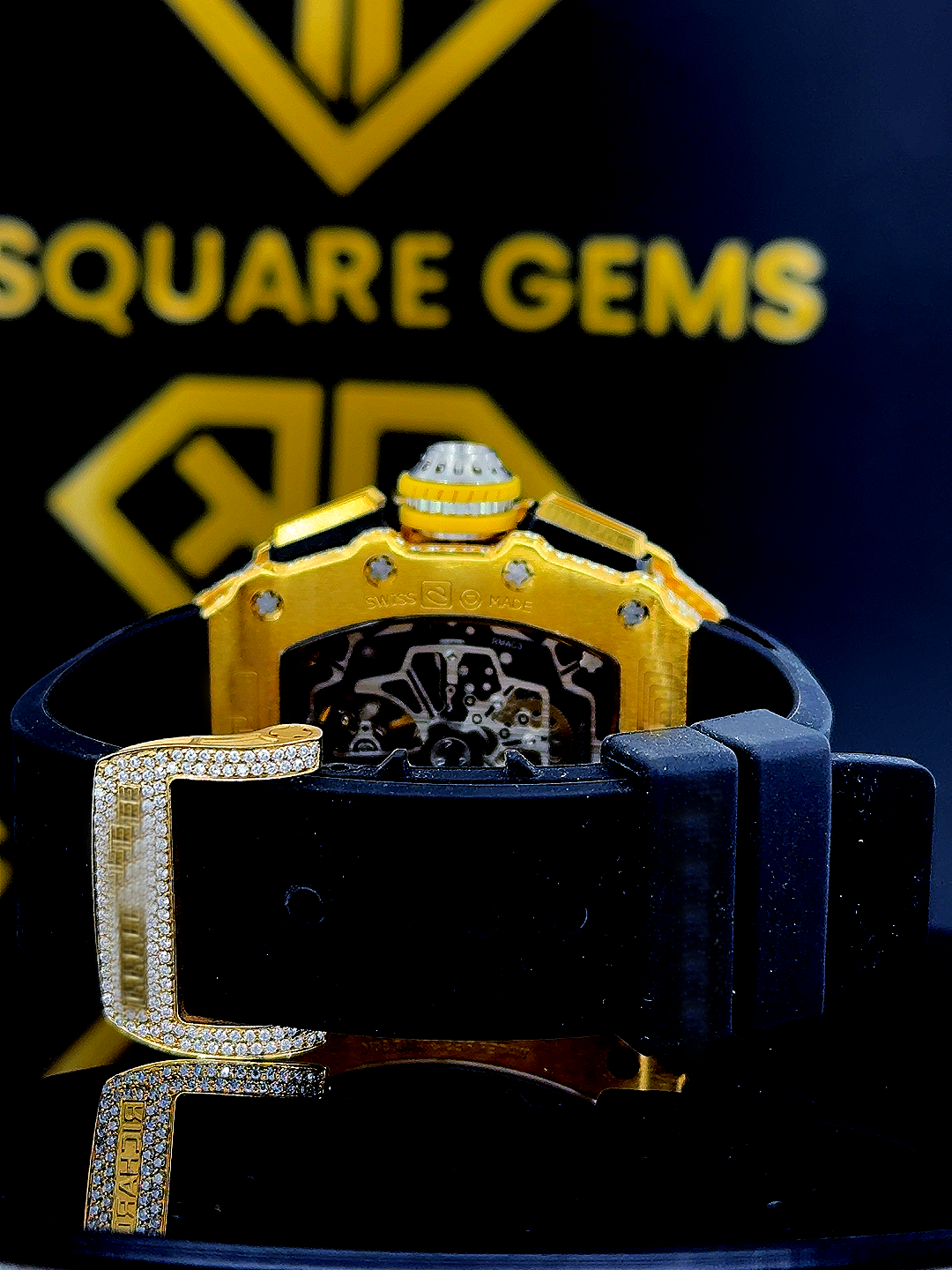 Chronograph RM Rubber Strap Yellow Gold Moissanite Diamond Watch Back View