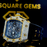 Chronograph RM Rubber Strap Yellow Gold Moissanite Diamond Watch Left Profile View