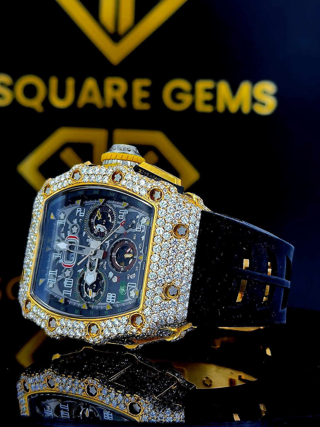 Chronograph RM Rubber Strap Yellow Gold Moissanite Diamond Watch Left Profile View