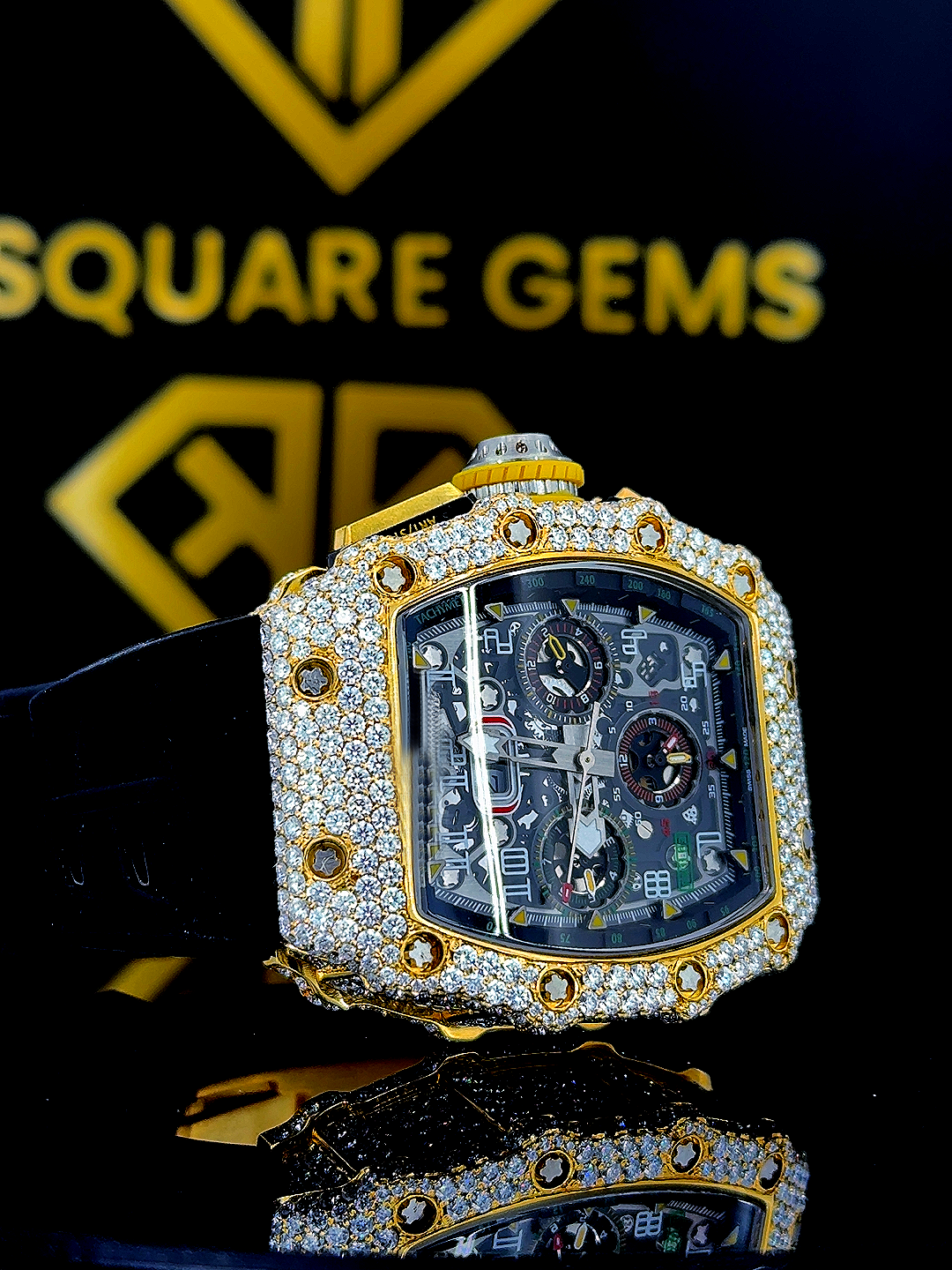 Chronograph RM Rubber Strap Yellow Gold Moissanite Diamond Watch Right Profile View