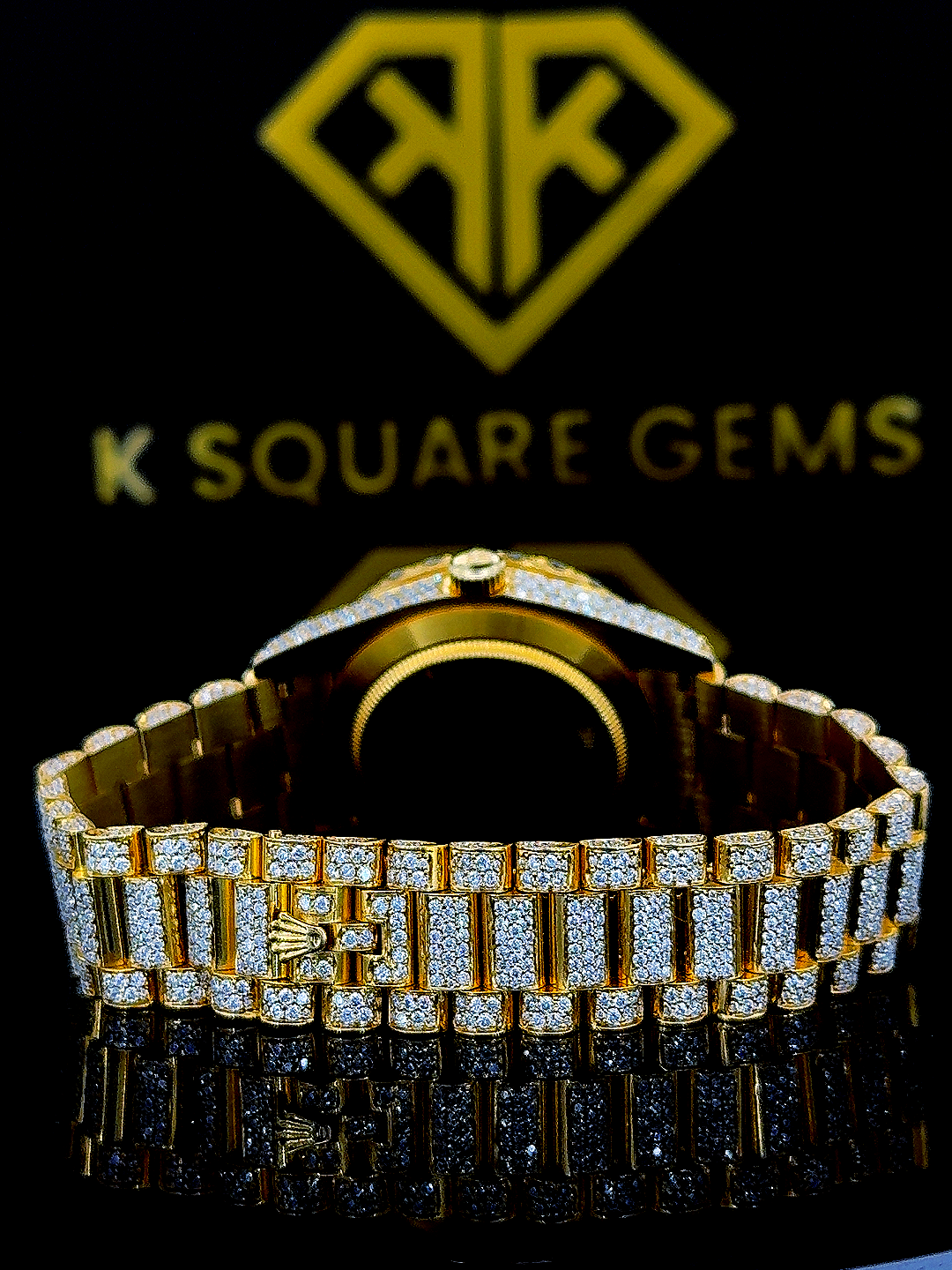 Day Date Iced Out Diamond Black Face Moissanite Diamond Watch Back Side View