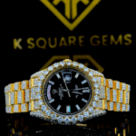 Rolex Day Date Black Dial Baguette Diamond Markers Two Tone Yellow Gold Bust Down Moissanite Watch