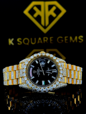 Rolex Day Date Black Dial Baguette Diamond Markers Two Tone Yellow Gold Bust Down Moissanite Watch