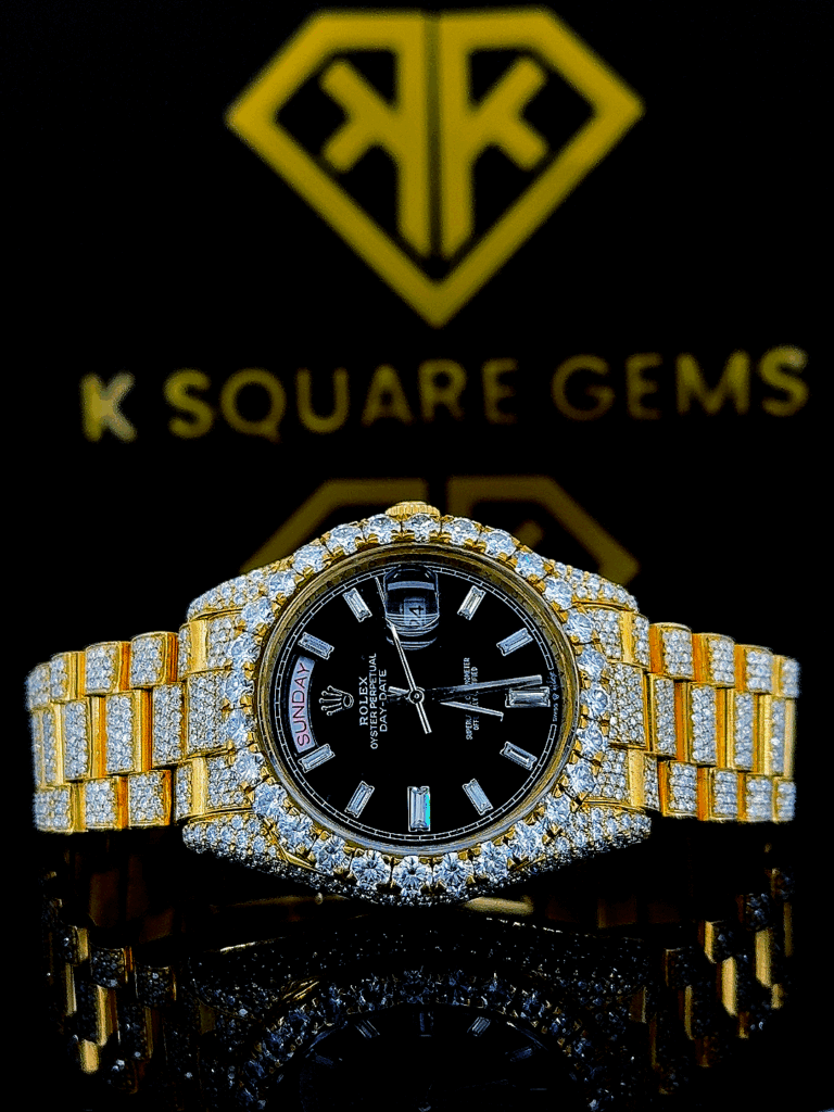 Day Date Iced Out Diamond Black Face Moissanite Diamond Watch Front View