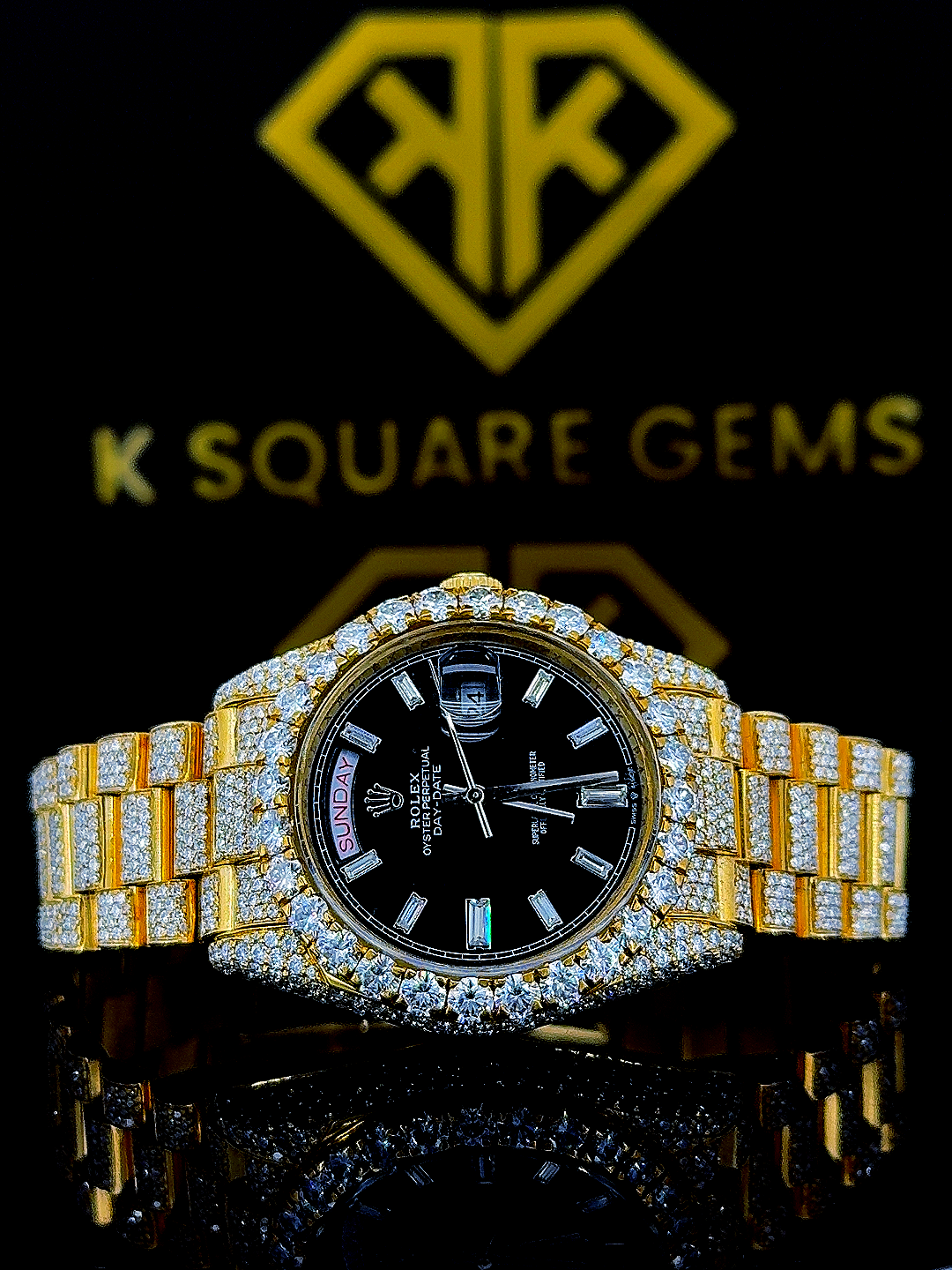Day Date Iced Out Diamond Black Face Moissanite Diamond Watch Front View