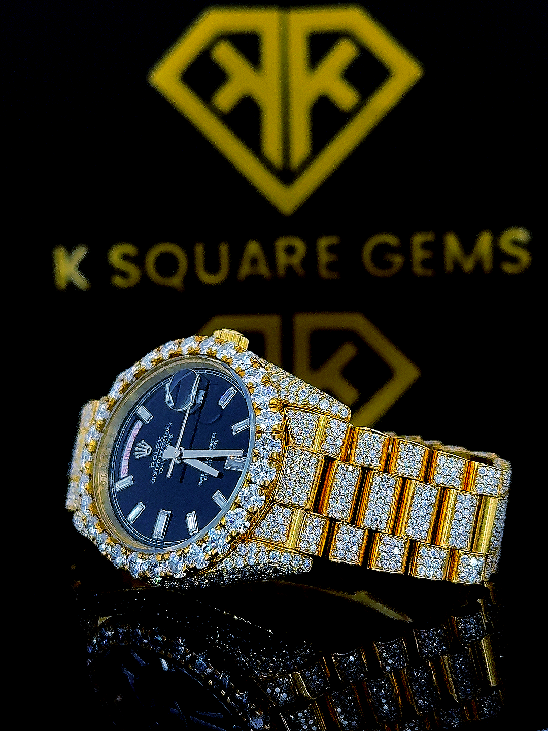 Day Date Iced Out Diamond Black Face Moissanite Diamond Watch Left Side View