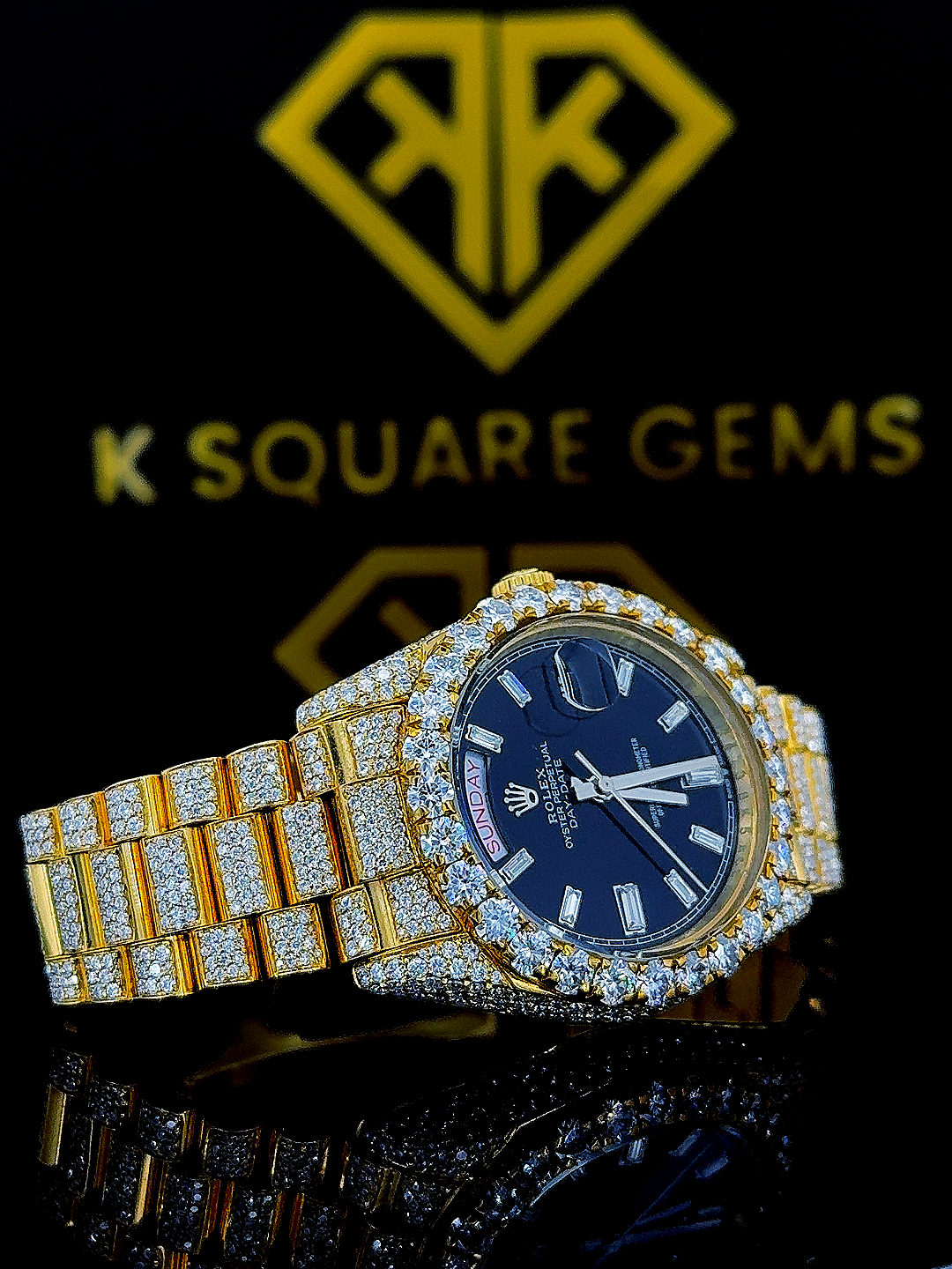 Day Date Iced Out Diamond Black Face Moissanite Diamond Watch Right Site View