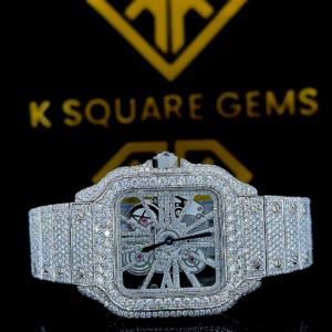 Fully Bust Down Cartier Skeleton Dial Moissanite Diamond Watch Front View