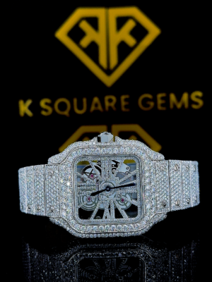 Cartier Santos Open Work Skeleton Dial Full Diamond Fully Iced Moissanite Watch
