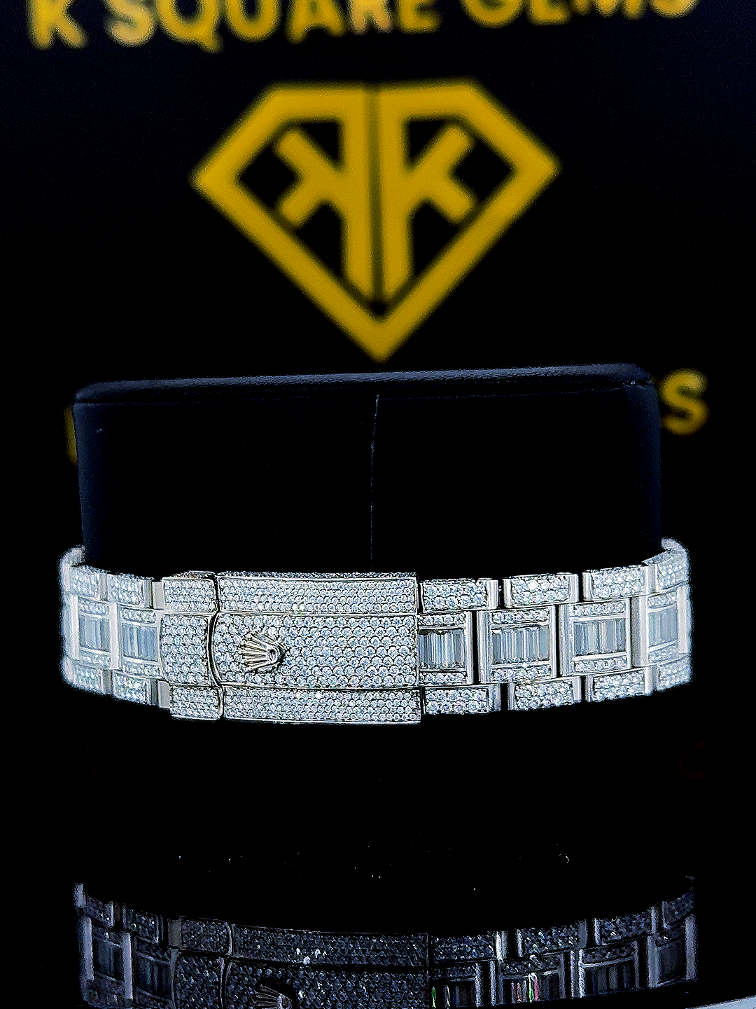 Fully Iced Out Baguette Bezel Stick Marker Dial Moissanite Diamond Watch Back View