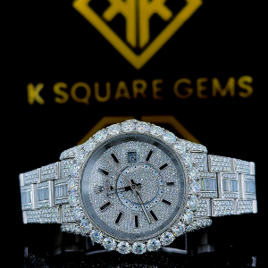 Fully Iced Out Baguette Bezel Stick Marker Dial Moissanite Diamond Watch Front View