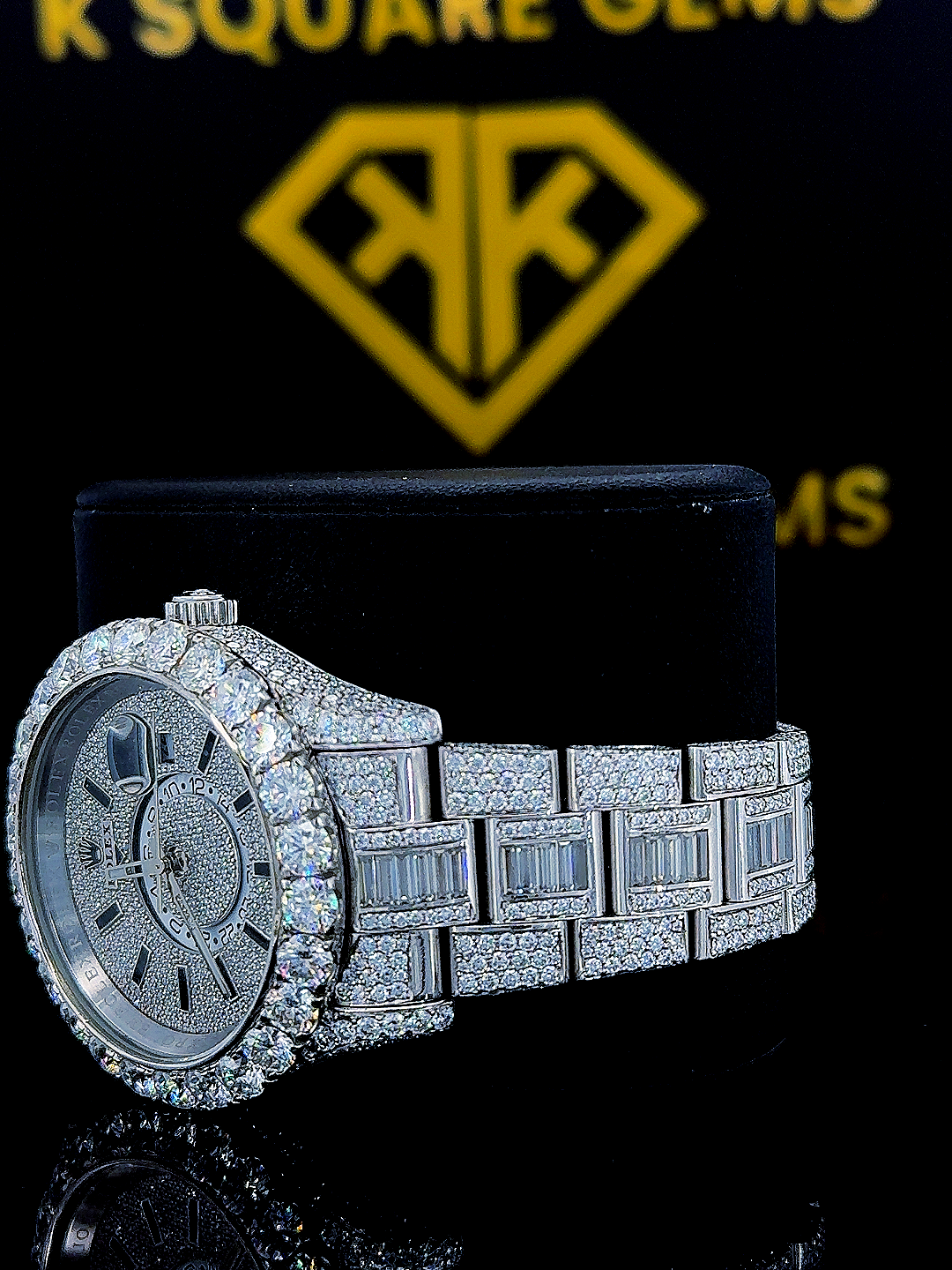 Fully Iced Out Baguette Bezel Stick Marker Dial Moissanite Diamond Watch Left Side View