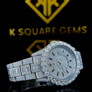 Fully Iced Out Baguette Bezel Stick Marker Dial Moissanite Diamond Watch Right Side View