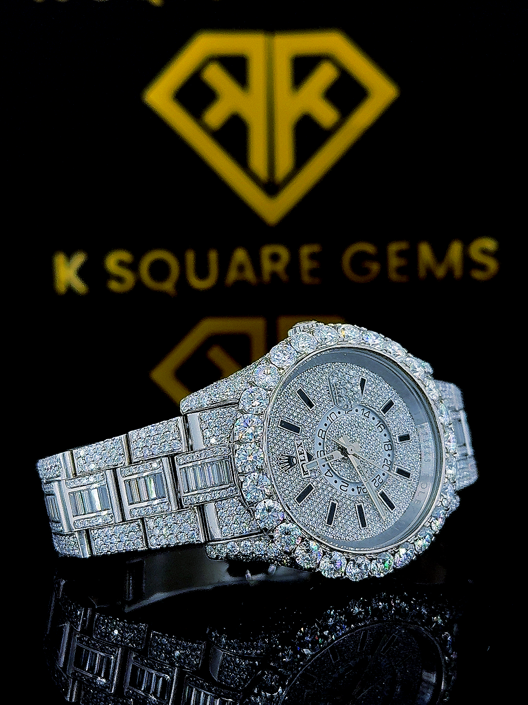 Fully Iced Out Baguette Bezel Stick Marker Dial Moissanite Diamond Watch Right Side View
