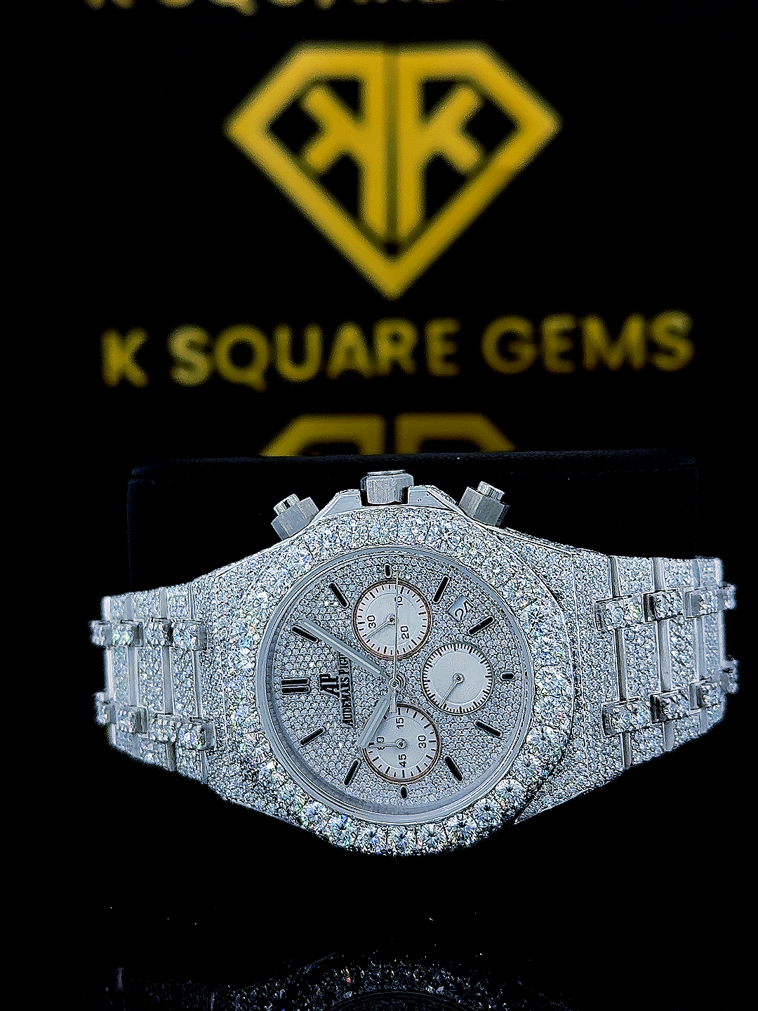 Fully Iced Out Chronograph Moissanite Diamond Watch Front Close View