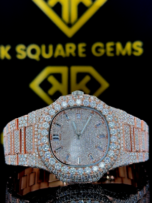 Patek Philippe Nautilus Stick Markers Fully Iced Diamond Dial Rose Gold Two Tone Moissanite Watch