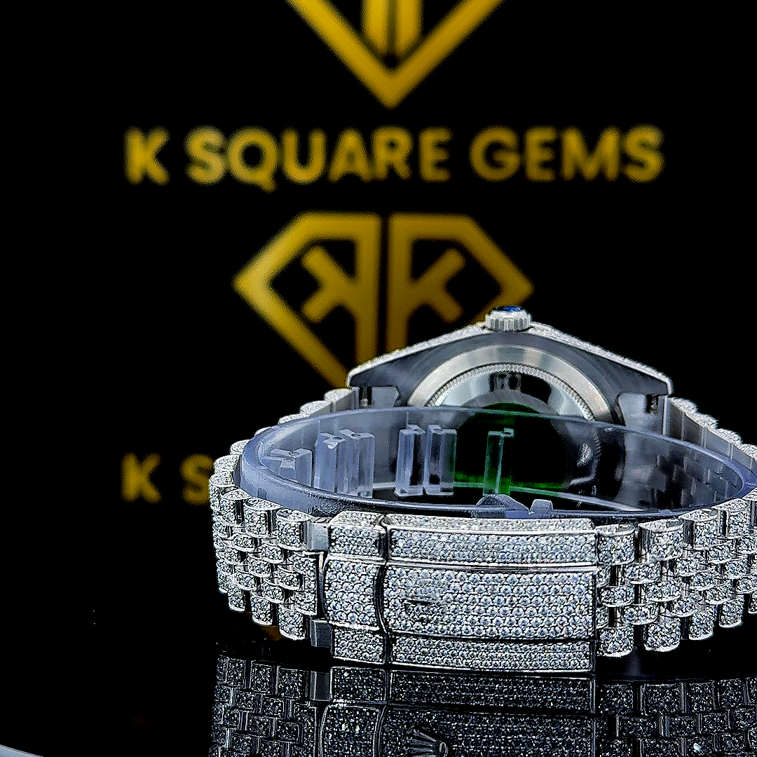Fully Iced Out Rolex Jubilee Moissanite Diamond Watch Back View