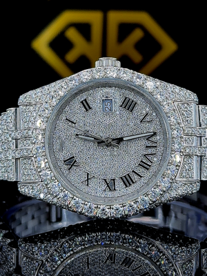 Rolex Datejust Roman Numerals Pave Diamond Dial Fully Iced Out Moissanite Watch