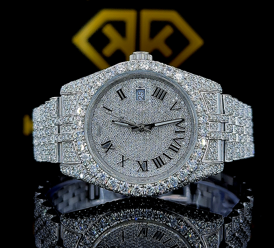 Fully Iced Out Rolex Jubilee Moissanite Diamond Watch Front View