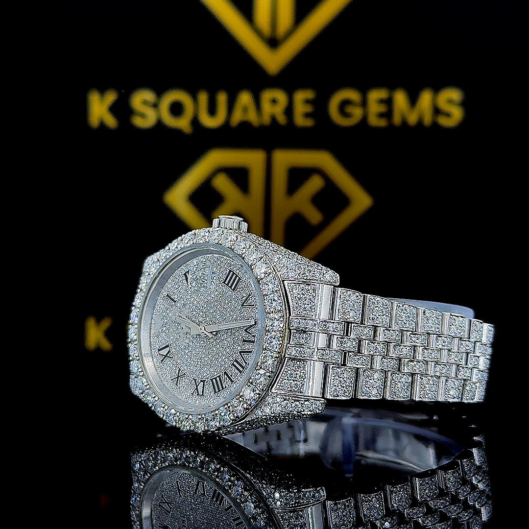 Fully Iced Out Rolex Jubilee Moissanite Diamond Watch Left Profile View