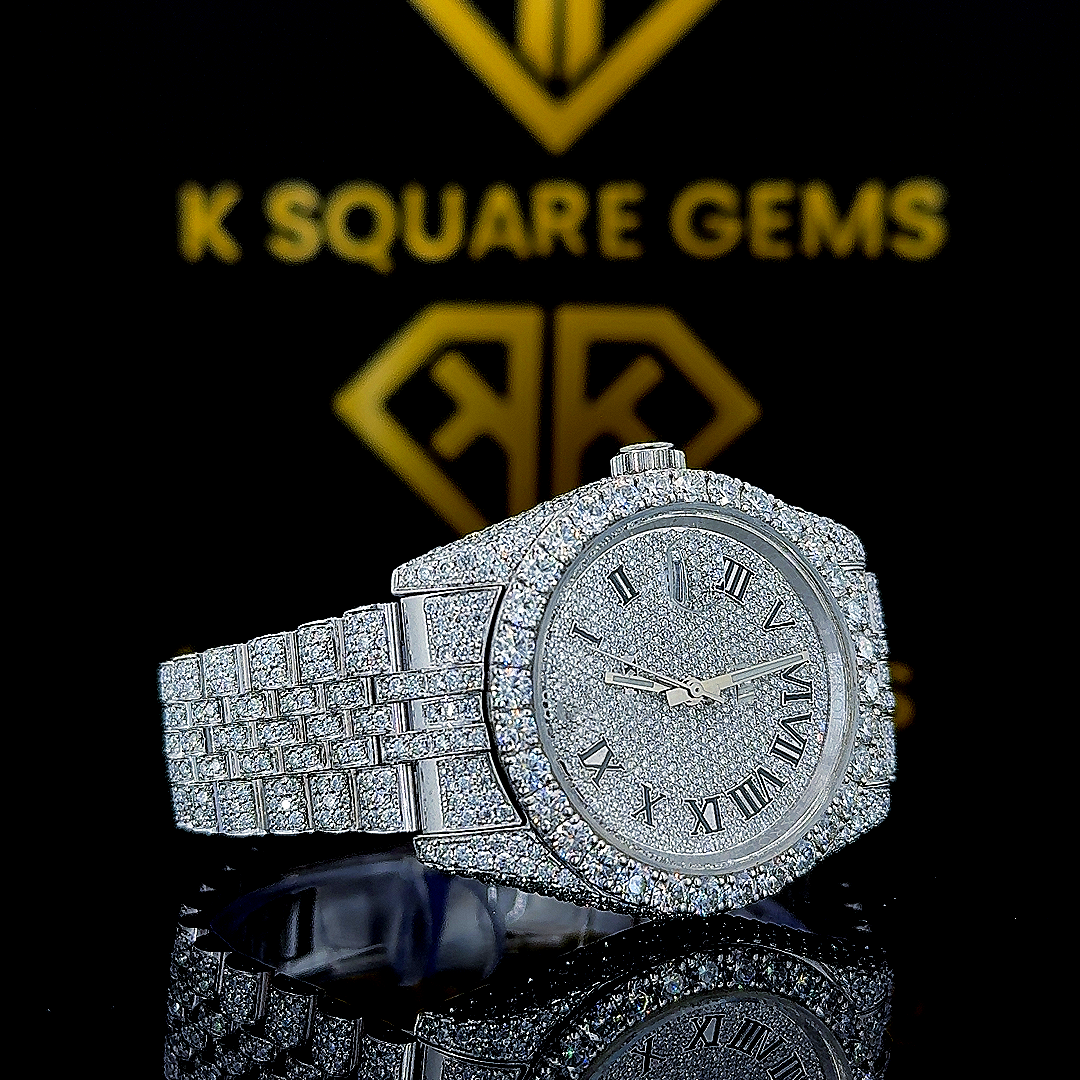 Fully Iced Out Rolex Jubilee Moissanite Diamond Watch Right Profile View