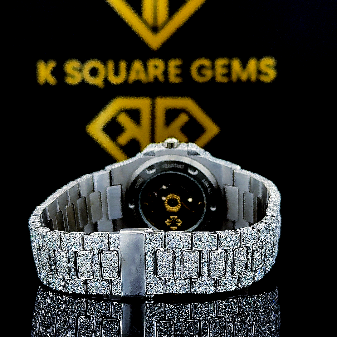 Iced Out Patek Style Moissanite Diamond Studded Watch Back View