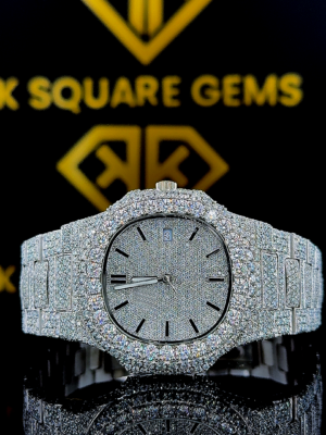 Patek Philippe Nautilus Classic Stick Markers Diamond Pave Dial Fully Iced Out Moissanite Watch
