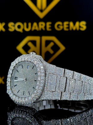 Iced Out Patek Style Moissanite Diamond Studded Watch Left Profule View