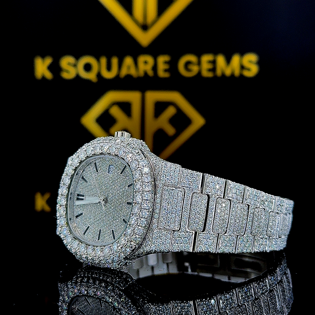 Iced Out Patek Style Moissanite Diamond Studded Watch Left Profule View