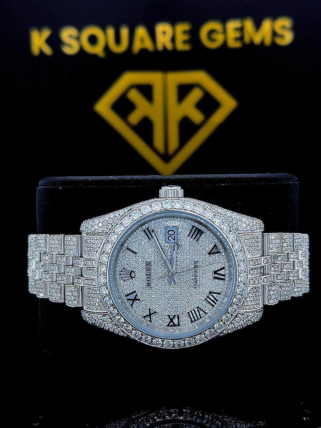 Iced Out Roman Numeral Dial Datejust Moissanite Diamond Watch Front View
