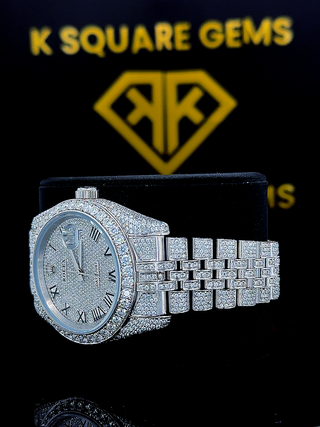 Iced Out Roman Numeral Dial Datejust Moissanite Diamond Watch Left Side View