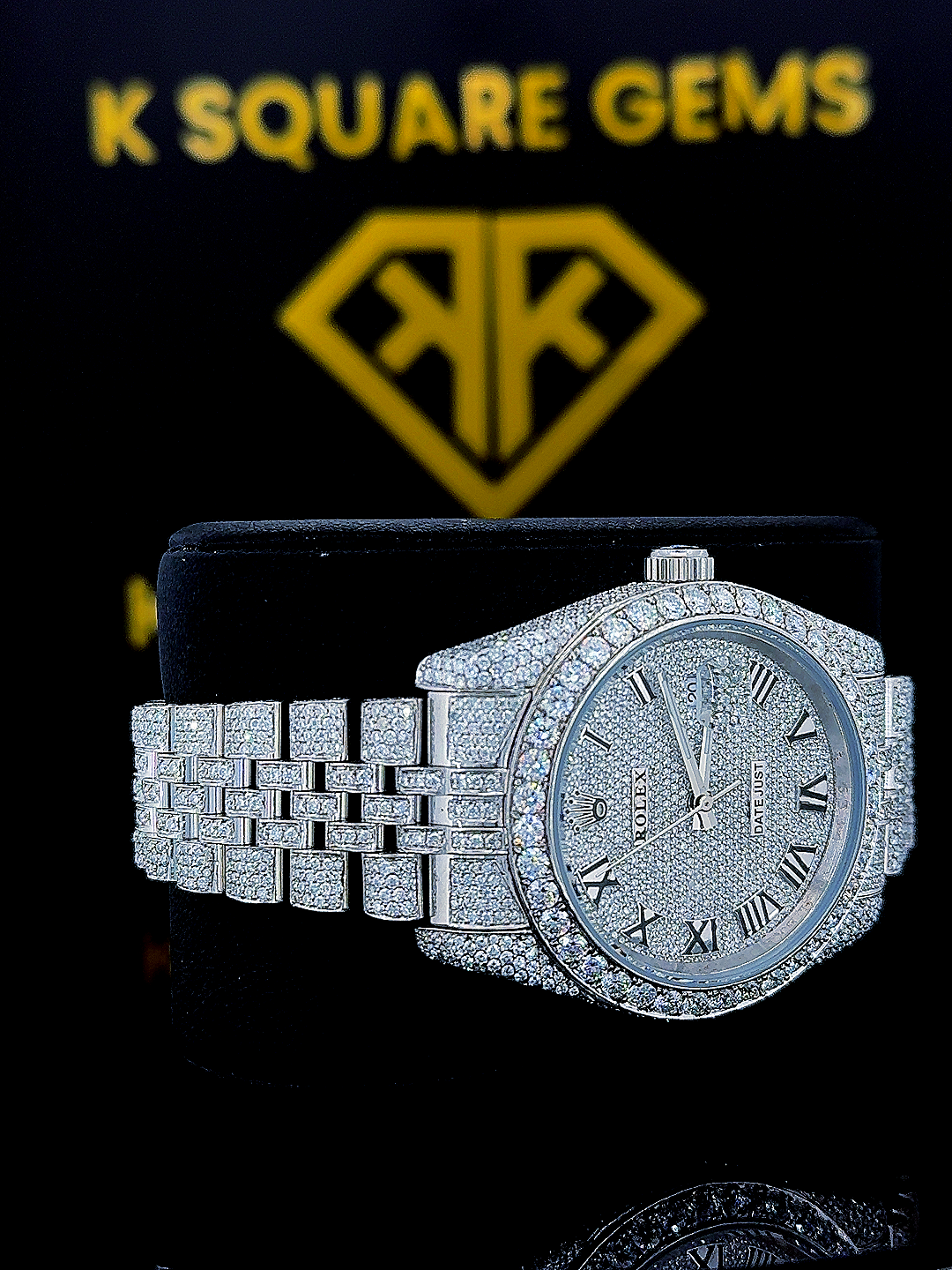 Iced Out Roman Numeral Dial Datejust Moissanite Diamond Watch Right Side View
