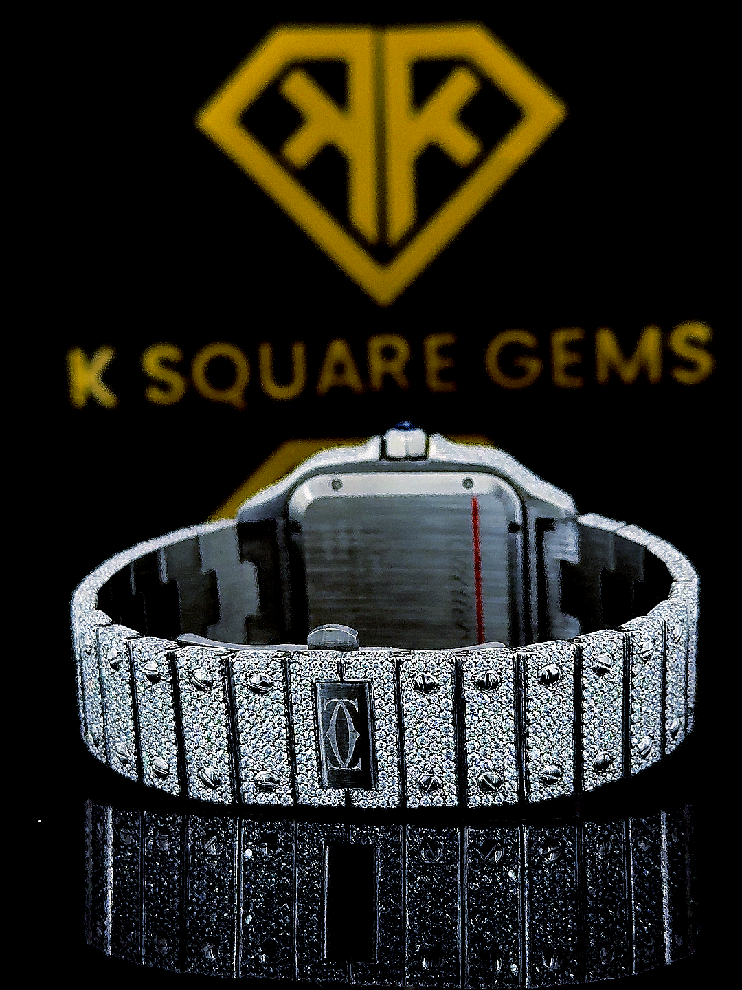 Iced Out Santos Arabic Numerals Dial Moissanite Diamond Watch Back View
