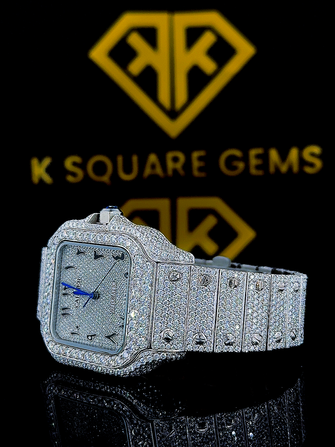 Iced Out Santos Arabic Numerals Dial Moissanite Diamond Watch Left Side View